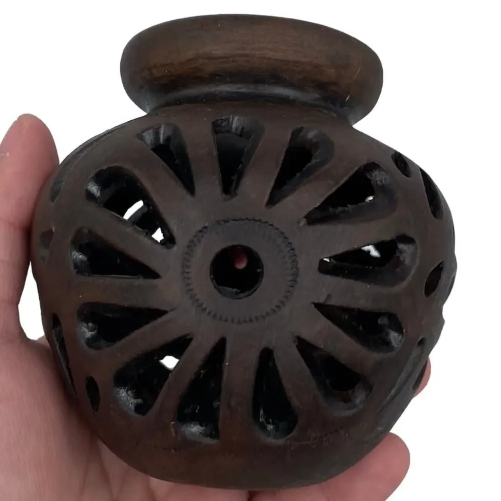 Hand engraved open work floral ceramic vase dark brown	small 3.5